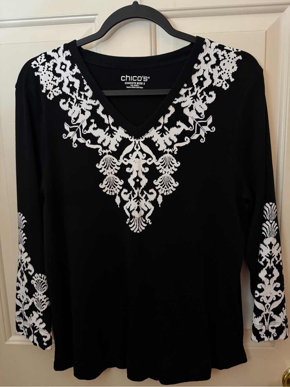 Chico's Top Black Ikat 100% Pima Cotton 3/4 Sleeve Everyday Tee Chico’s Size 2 - Picture 8 of 11